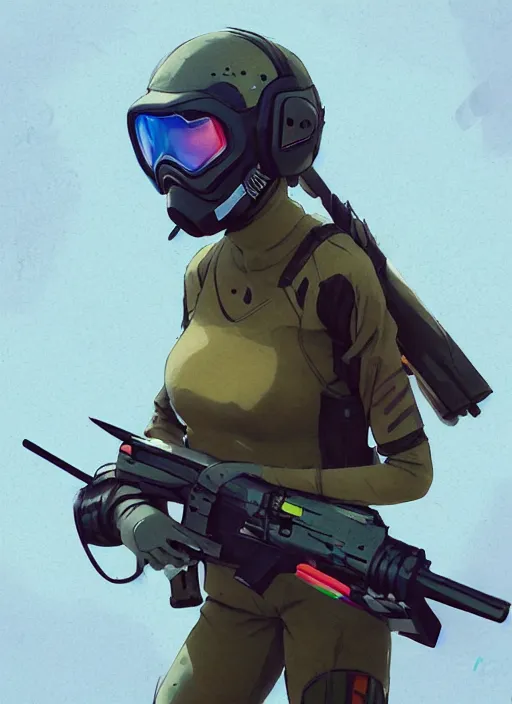 Image similar to a paintball player girl, softair center landscape, illustration, concept art, anime key visual, trending pixiv fanbox, by wlop and greg rutkowski and makoto shinkai and studio ghibli and kyoto animation, symmetrical facial features, sport clothes, blue lens airsoft mask, colorful airsoft gun, realistic anatomy, bb tracers