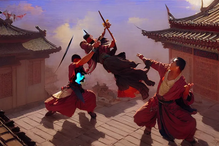 Image similar to wuxia, fight on the roof, painting by gaston bussiere, craig mullins, j. c. leyendecker