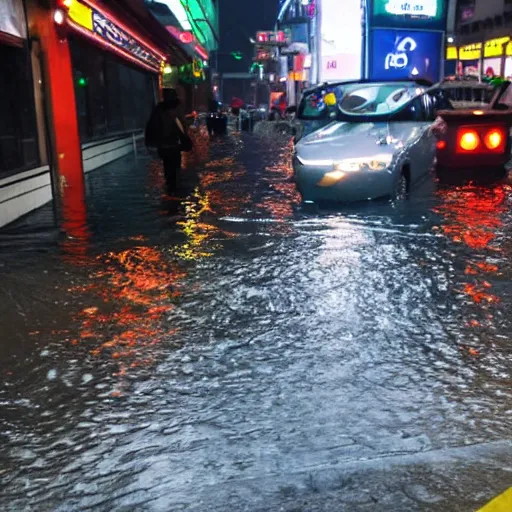 Prompt: seoul city is flooded by heavy rain. A car is middle of the street flooded.