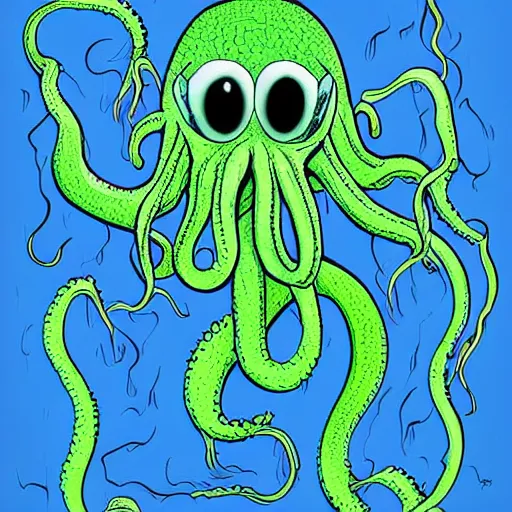 Prompt: an illustration of a cute cthulhu monster by stan lee moving it's tentacles against a blue background, digital art