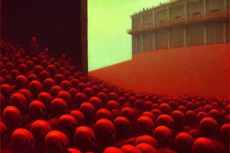 Prompt: only with red gigachad dictator, sportspalast amphitheatre, crowd hails him, in the style of beksinski, parts by edward hopper, parts by rodcenko, parts by yue minjun, intricate and epic composition, red by caravaggio, insanely quality, highly detailed, masterpiece, red light, artstation, 4 k