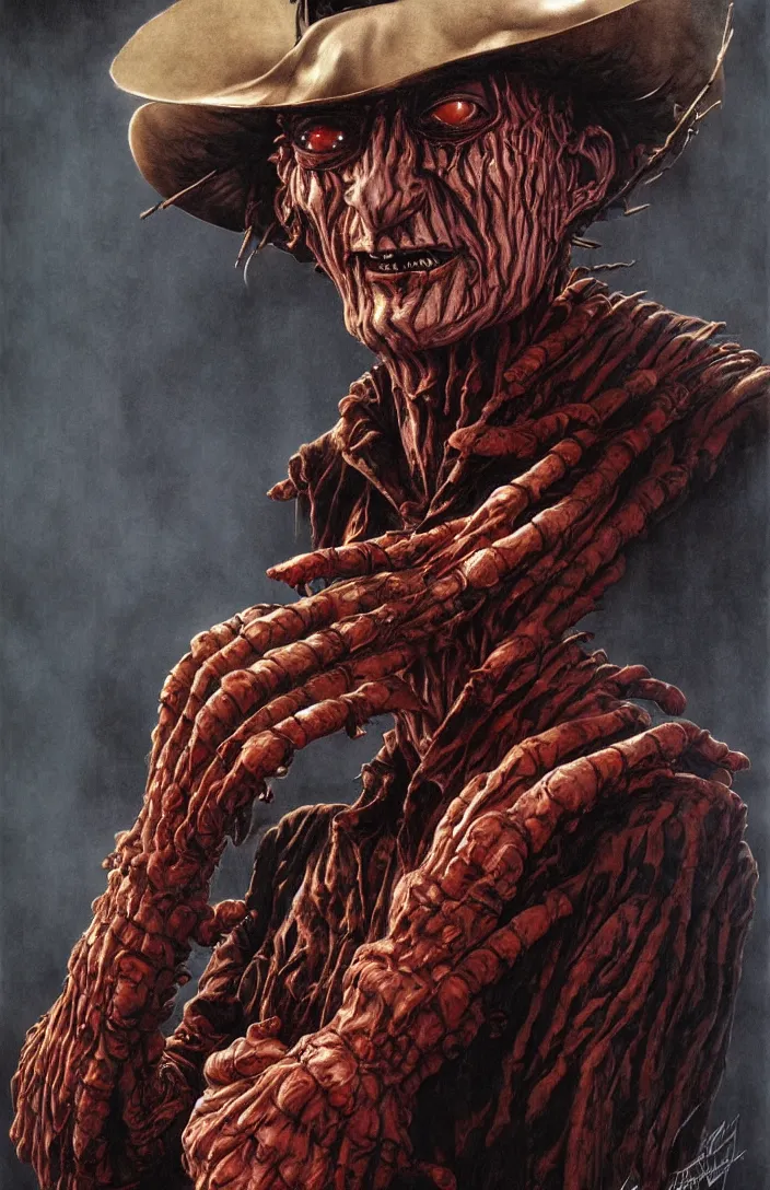 Image similar to freddy krueger in the style of wayne barlowe, gustav moreau, goward, bussiere, roberto ferri, santiago caruso, luis ricardo falero, dali