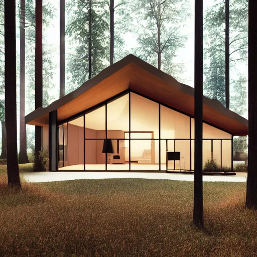 Prompt: minimal modernist a - frame house in the woods, beautiful lighting, volumetric, cinematic lighting, corona render, detailed, symmetrical, minimal, clean