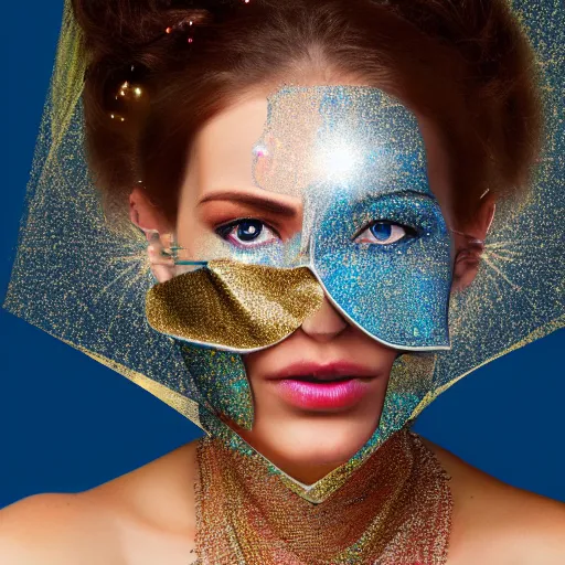 Image similar to portrait of a beautiful futuristic woman layered with high-tech jewelry wrapping around her face and head, golden-silver light with tiny blue, gold, and red gems scattered like dust