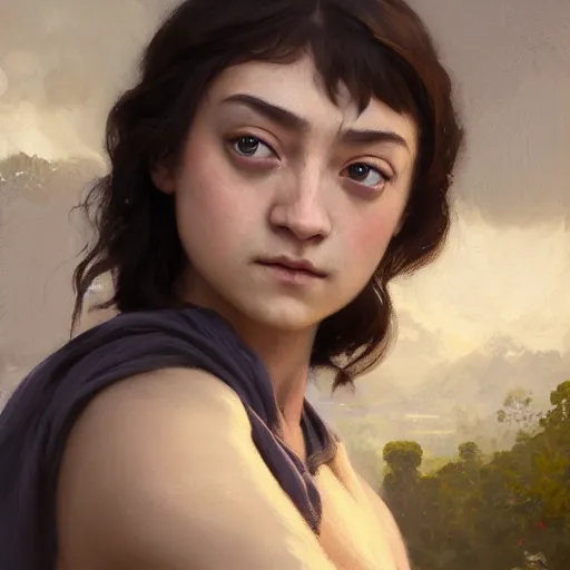 Image similar to expressive oil painting of arya stark at borobudur, smooth glowing skin, glamour shot, by yoshitaka amano, by bouguereau, bygreg rutkowski, by jeremy lipking, by artgerm, digital art, octane render