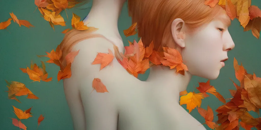 Prompt: highly detailed pastel colors of an ethereal ginger beauty morphing gradually into autumn leaves, by hsiao - ron cheng, smooth composition, fine detail