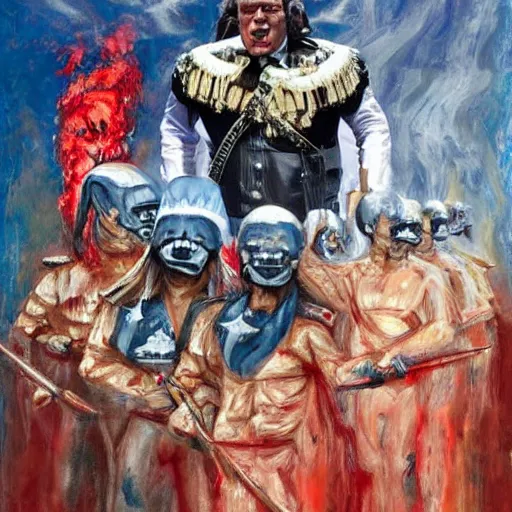 Image similar to trump as a warlord, painting, surreal, bloody