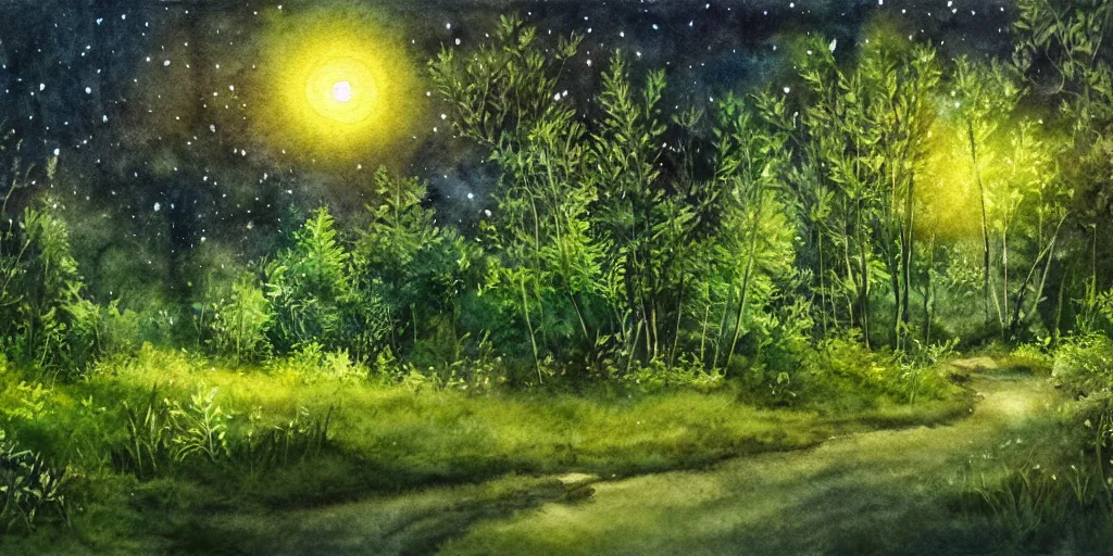 Prompt: nighttime nature landscape, lush, rich greenery, watercolor, ultra realistic, highly detailed, hd, sharp focus, warm colors, realistic, vivid colors, painting, non blurry, sharp, smooth, illustration