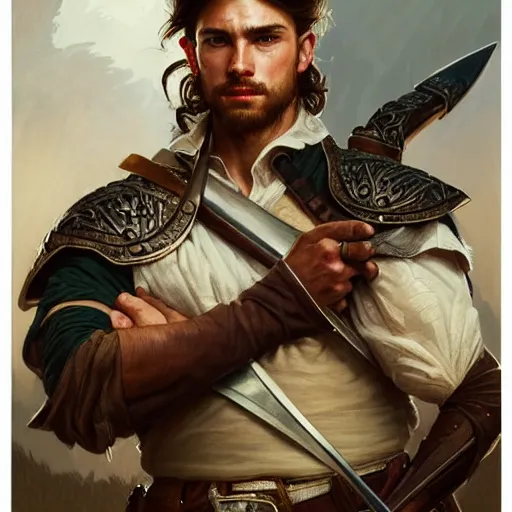 Image similar to portrait of a young rugged ranger holding his longsword up, hands, muscular, upper body, D&D, fantasy, intricate, elegant, highly detailed, digital painting, artstation, concept art, smooth, sharp focus, illustration, art by Artgerm and Greg Rutkowski and Alphonse Mucha