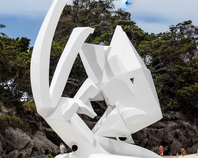 Prompt: photo of white minimalist abstract cubist sculpture of curvy spaceship with random small mecha mayan decorations, covered with few large white airplane parts with windows and doors, gigantic size, sunset lighting by a beach, the sculpture is reflected on the water