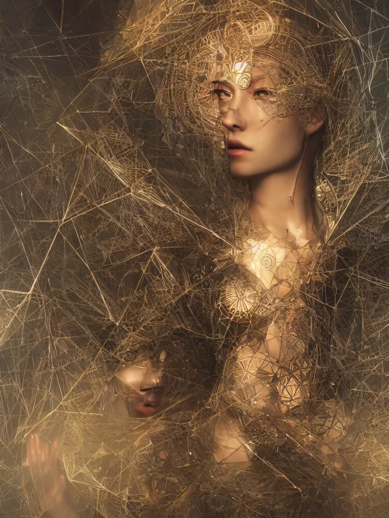 Prompt: a photo of her a mystical goddess woman covered in modular synthesizer parts surrounded by sacred geometry made from elven architecture, full body, perfect face, powerful, cinematic, beautifully lit, by ross tran, by karol bak, 3 d, octane render, 8 k