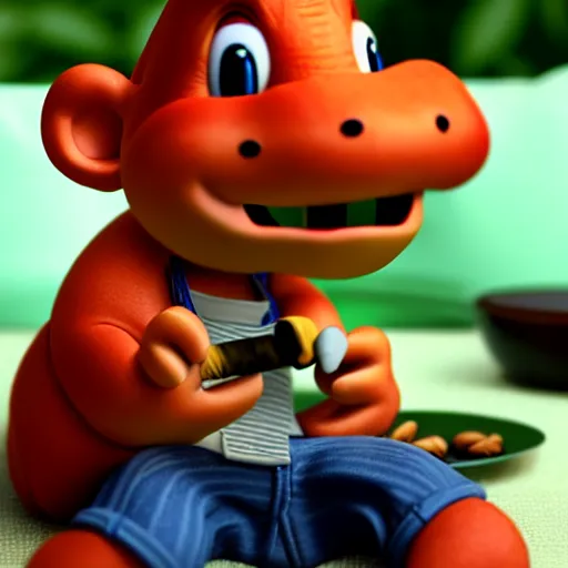 Image similar to realistic lifelike yoshi from nintendo licking his own toes while smoking a blunt 4 k ultrarealistic