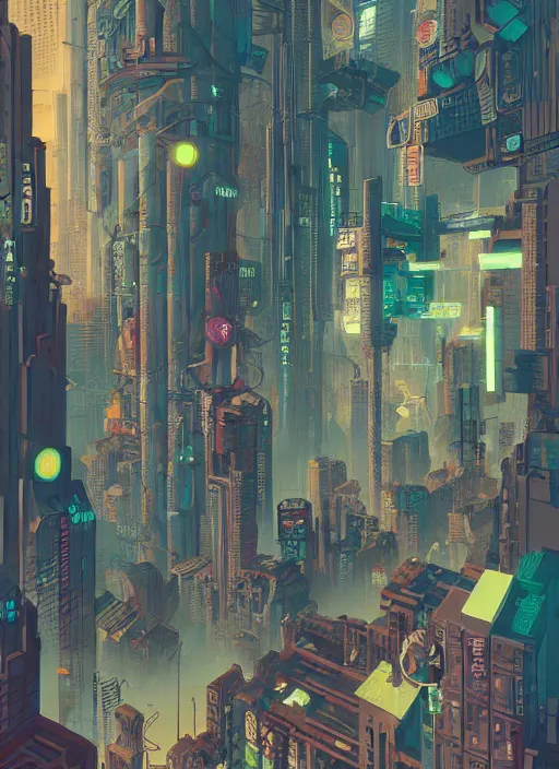 Prompt: a graphic layout design poster of a cyberpunk city in maze, chris ware, peter mohrbacher, jane newland, peter gric, chris ware, aaron horkey, illustration, artstation