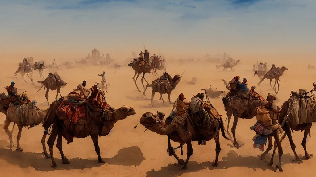 Image similar to view of arabian merchants riding camels in the desert, rule of thirds, high quality, watercolored, jakub rozalski, dark colours, dieselpunk, artstation