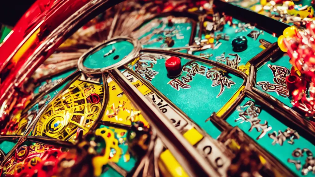 Prompt: up-close shot of a pachinko machine and hands, anime style, yellow red green and brown