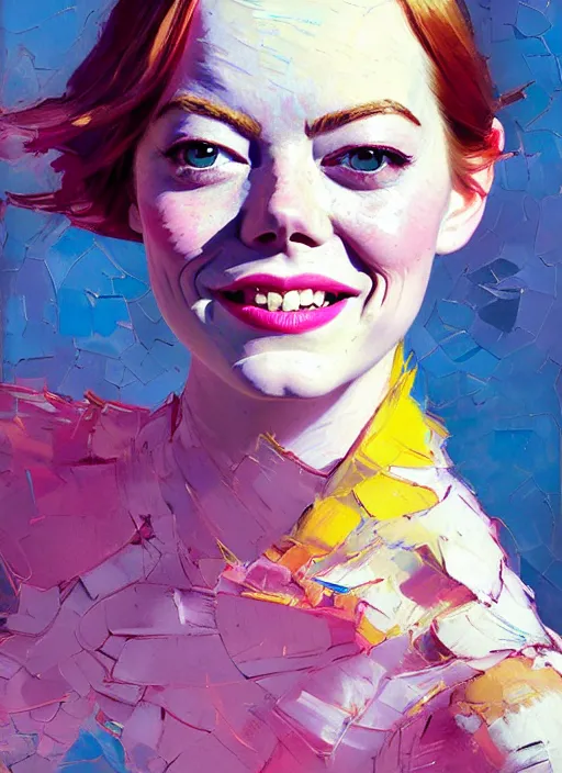 Image similar to portrait of a emma stone, smiling, ecstatic, dancing, eyes closed, open mouth, shades of pink and blue, beautiful face, rule of thirds, intricate outfit, spotlight, by greg rutkowski, by jeremy mann, by francoise nielly, by van gogh, digital painting