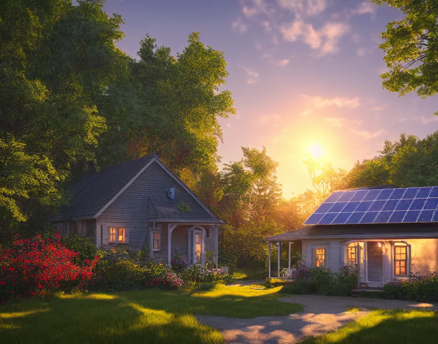 Prompt: idyllic cottage, 1950s, by Asher Durand. solar power, intricate artwork, octane render, cinematic, hyper realism, sunrise, octane render, 8k, depth of field, bokeh. iridescent accents. vibrant.