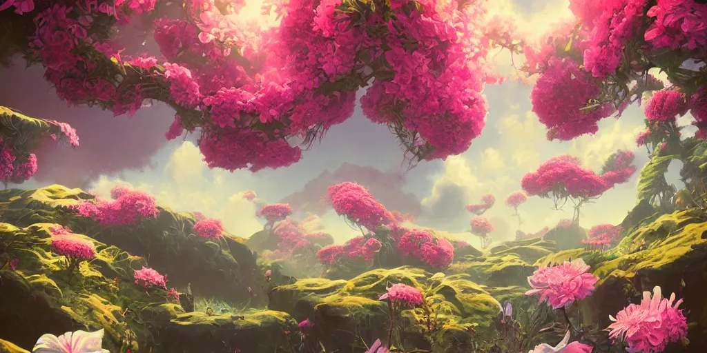 Image similar to retro painting of surreal waiizi flowers, by ross tran, highly detailed, hyperrealism, excellent composition, cinematic concept art, dramatic lighting, trending on artstation
