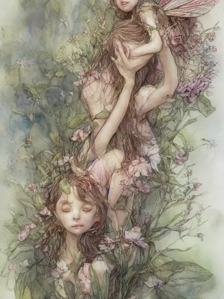 Image similar to study of a flower fairy, illustration, watercolor, alan lee, detailed, pretty, ethereal, realistic, artstation