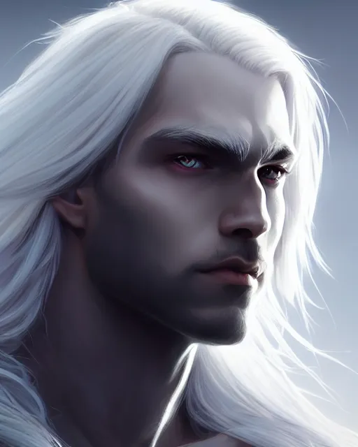 Image similar to portrait, beautiful male drow, long wavy white hair, super detailed, light black armor with silver accenting, cape, 8 k, filmic, octane render, sunlight, clouds, artstation, greg rutkowski, rossdraws, william bouguereau, sharp focus