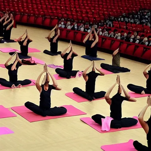 Prompt: Xi Jinping doing yoga on a theatre stage people clapping in front, in the style of Lucian Freud paintings