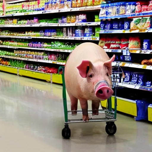 Prompt: A pig pushing a cart at the supermarket