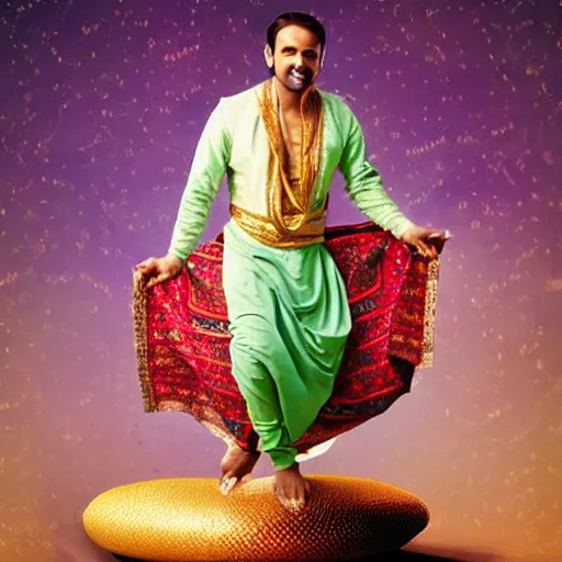 Image similar to bad photoshop of an indian man on a flying carpet singing alladin