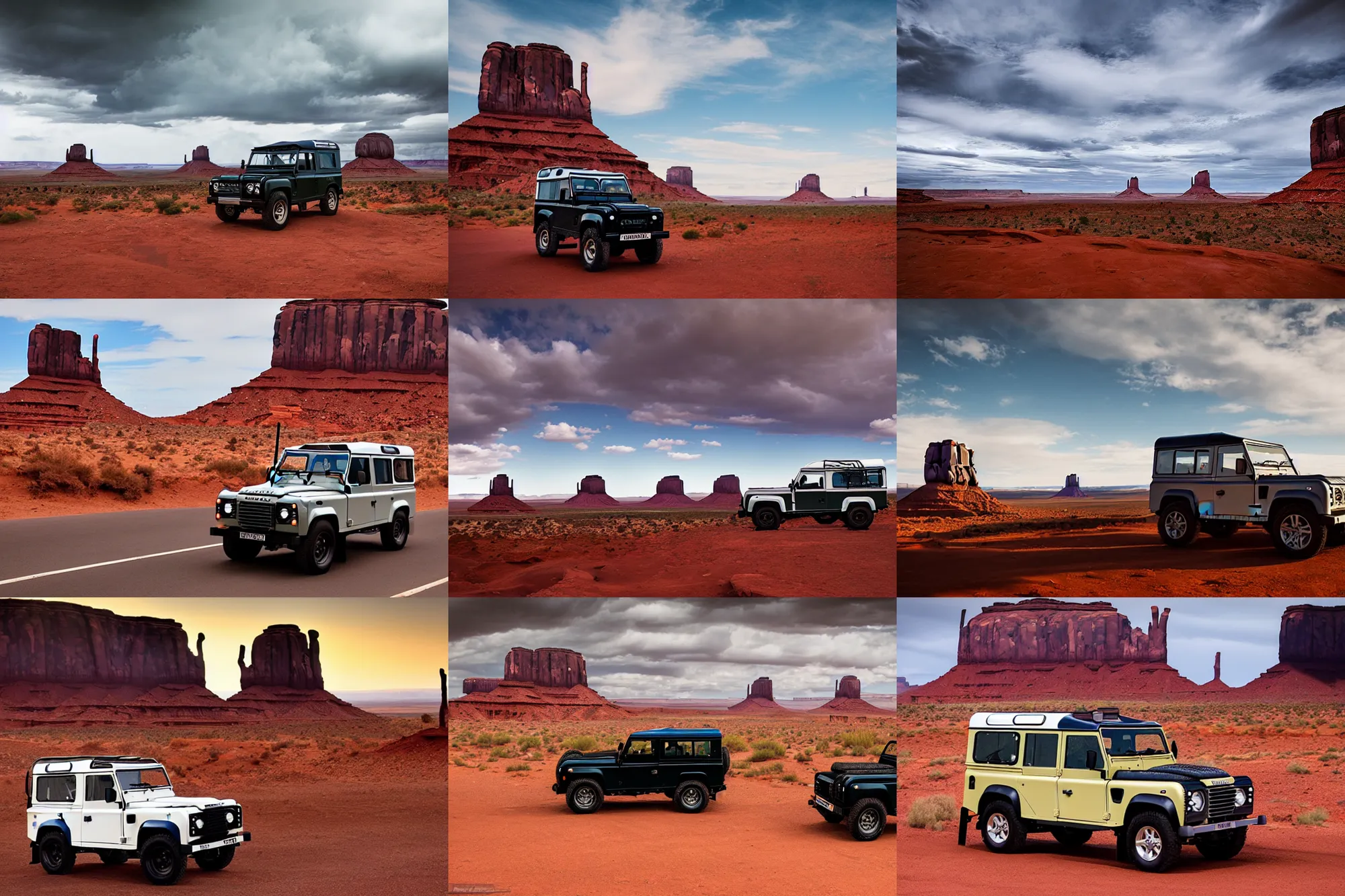 Prompt: A vintage Land Rover Defender drives within a dramatic vista in monument valley, cinemstic sky and light, backlight