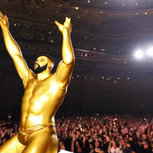 Image similar to Drake worshipping a golden statue of himself, low angle