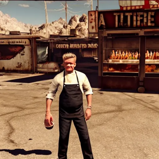 Image similar to gordon ramsay as street food vendor in fallout new vegas, very detailed, realistic, 4 k, professional photography