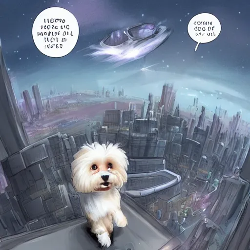 Image similar to cream colored havanese dog dressed as a super hero, looking over a futuristic city, wide shot, highly coherent, saga comic, graphic novel, fiona staples