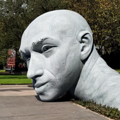 Prompt: giant statue of libertys head lying sideways on the ground