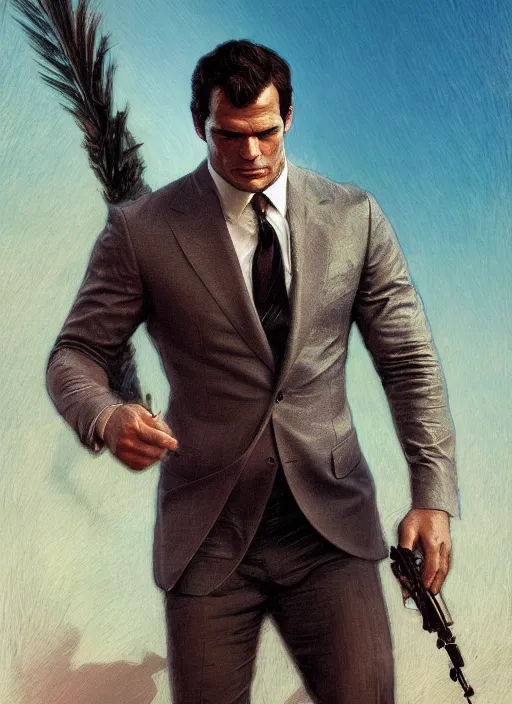 Prompt: portrait of henry cavill as james bond, key art, sprinting, palm trees, highly detailed, digital painting, artstation, concept art, cinematic lighting, sharp focus, illustration, by gaston bussiere alphonse mucha