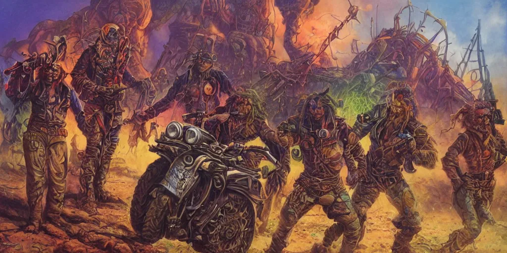 Prompt: members of a psychedelic post apocalyptic orcish biker gang, sharp focus, psychedelic colors, boris vallejo, michael whelan, 8 k, epic scifi fantasy art
