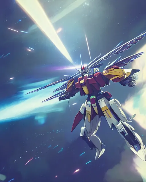 Image similar to highly detailed vfx portrait of a gundam wing with wings of feathers beam saber fighting in space with a beam gun, unreal engine, greg rutkowski, loish, rhads, beeple, makoto shinkai and lois van baarle, ilya kuvshinov, rossdraws, tom bagshaw, alphonse mucha, global illumination, detailed and intricate environment