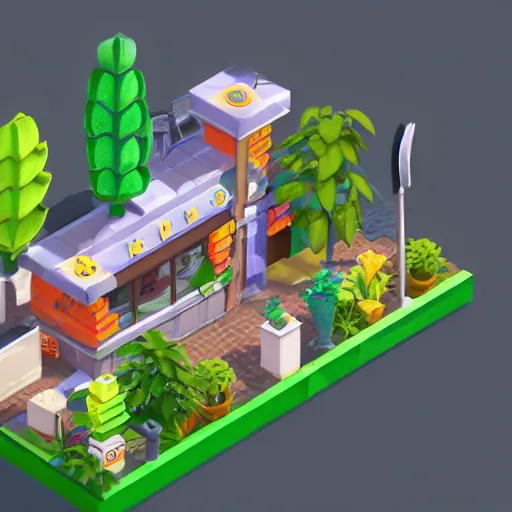 Image similar to isometric cute cartoon of utopian cafe building cross section, a few cannabis leaf pots. by benoit mandelbrot, render pixar, low poly digital art artstation sims video game still australian