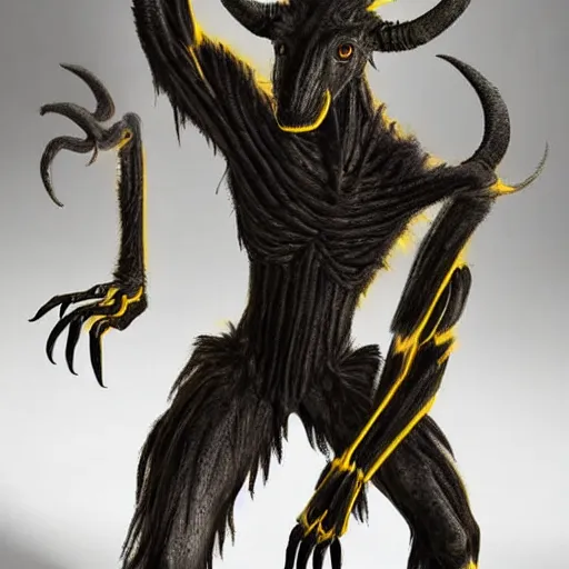 Prompt: a humanoid fantasy species with leathery gray skin, a wiry build, lanky arms, claws, four-fingered hands, two sleek horns, a long snout, yellow eyes, and fangs