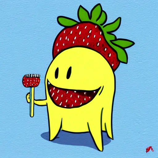 Image similar to a cute strawberry character with two front teeth, holding a yellow toothbrush, in the style of tara mcpherson