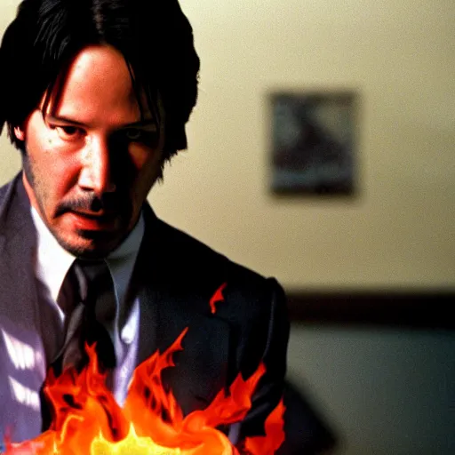 Prompt: Keanu reeves as a system administrator, doing a thumb up, there are servers in flames in the background, 35mm