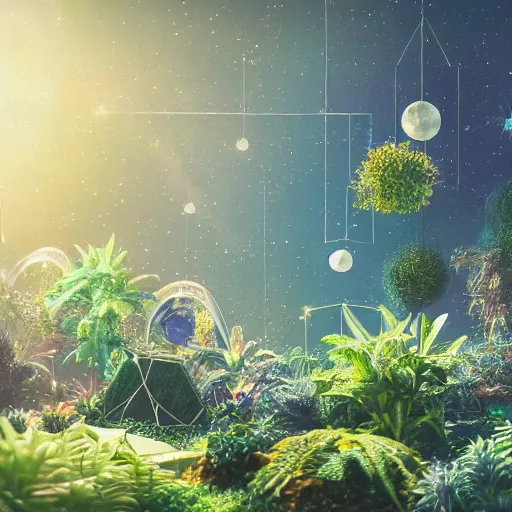 Image similar to Intergalactic plant store floating in space with white twinkling stars in the foreground, galactic terrarium filled with plants from alien planets floating in the cosmos, Filled with plants, warm ethereal glowing ambiance, concept art 8k resolution