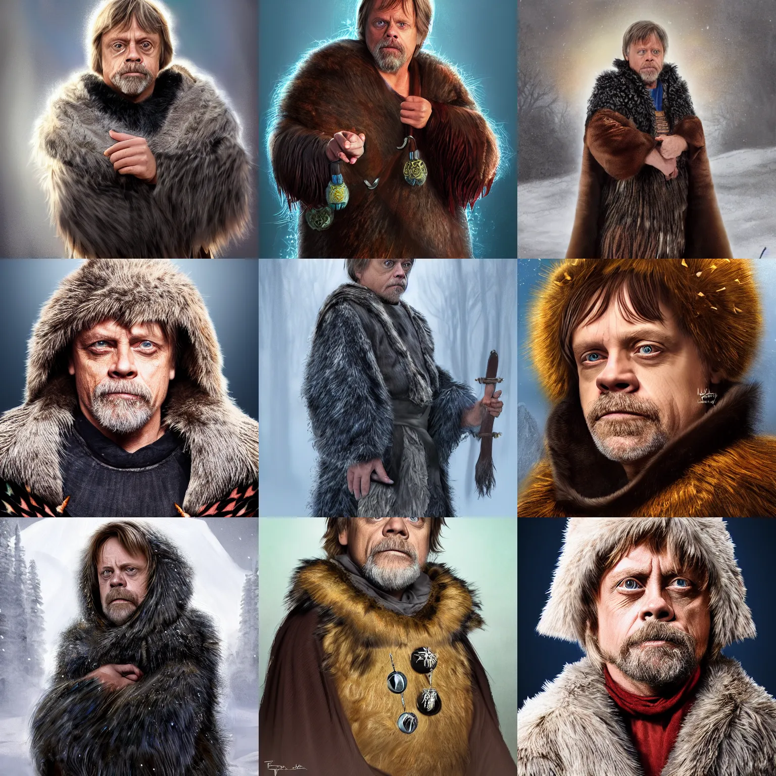 Prompt: Mark Hamill as Bjørn Skalldrasson, a young male shaman wearing a bearskin cloak festooned with trinkets and amulets, portrait, shaggy haircut, 8k resolution, full-length portrait, digital painting, fantasy illustration, D&D character art