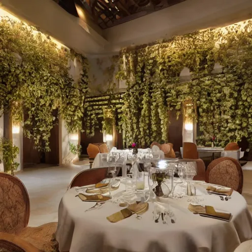 Image similar to a deluxe rich hotel with beautiful aesthetic furniture, light brown palleted, filled with vines and roses