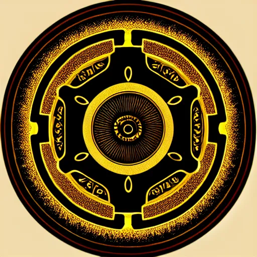 Prompt: intricate and detailed arcane symbol, circular, symmetrical, golden hues, black background, artstation, 4 k