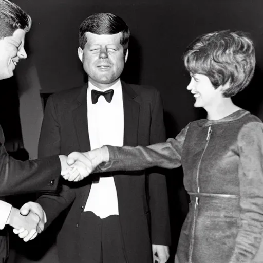 Image similar to a black and white photo of john f kennedy shaking hands with the alien from et