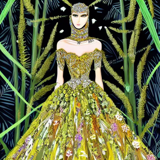 Image similar to zuhair murad gown fashion illustration by eko nugroho, jungle background, fine detail