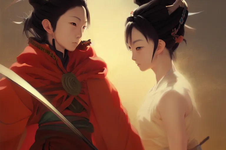 Image similar to baroque oil painting of anime key visual concept art of a samurai girl, very anime, stars vackground, trending on artstation, oil on canvas, style of makoto shinkai greg rutkowski studio ghibli