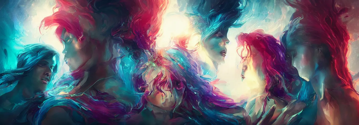 Image similar to album art two people back to back connected by their spiral hair bold colors, epic lighting, minimal background Greg rutkowski