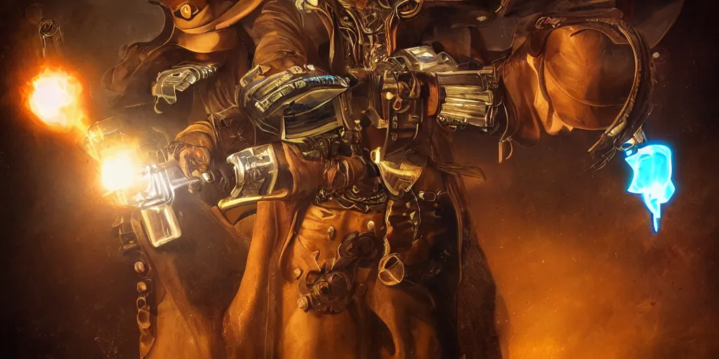 Prompt: a futuristic cowboy holding a glowing revolver to his enemies in a steampunk themed bar, trending on artstation, digital art, award winning, cinematic lightning, god rays