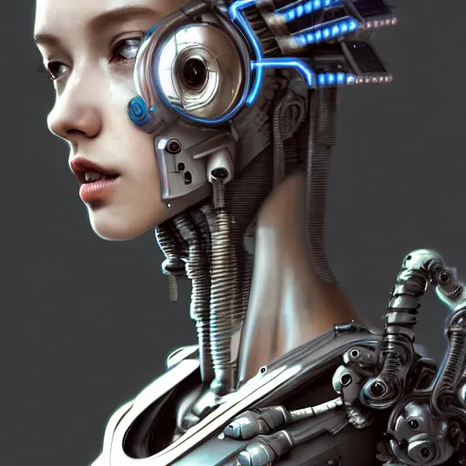 Image similar to Mechanical Cyberpunk Female Android, Half-Body, intricate, elegant, super highly detailed, professional digital painting, artstation, concept art, smooth, sharp focus, no blur, no dof, extreme illustration, Unreal Engine 5, Photorealism, HD quality, 8k resolution, cinema 4d, 3D, beautiful, cinematic, art by artgerm and greg rutkowski and alphonse mucha and loish and WLOP