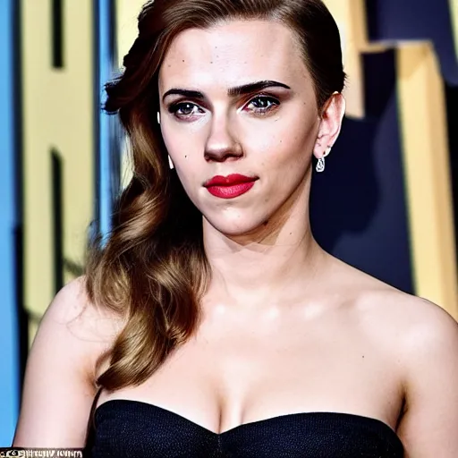 Image similar to a woman who is a genetic combination of scarlett johansson and emma watson face and upper - body focus